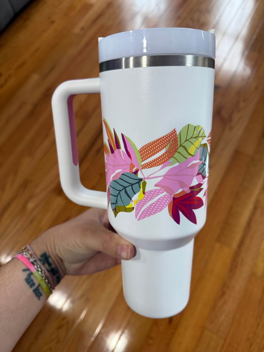 Stanley White Travel Mug with Pink & Multicolor Floral Design - Picture 3 of 6